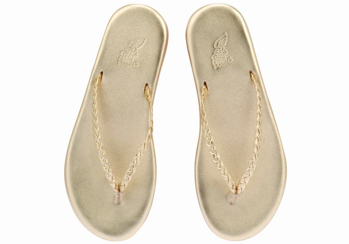 Women Ancient Greek Sandals Plage Flip Flop Braided Sandals Gold White | CVM9971HS