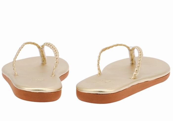 Women Ancient Greek Sandals Plage Flip Flop Braided Sandals Gold White | CVM9971HS