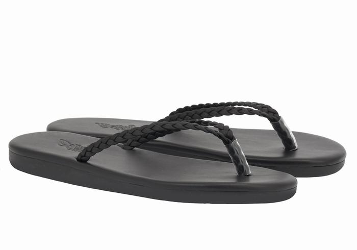 Women Ancient Greek Sandals Plage Flip Flop Braided Sandals Black | RQD1487NS