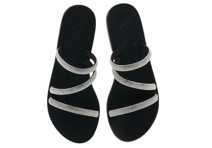 Women Ancient Greek Sandals Polytimi Diamante Slide Sandals Silver Black | JEB9655VF