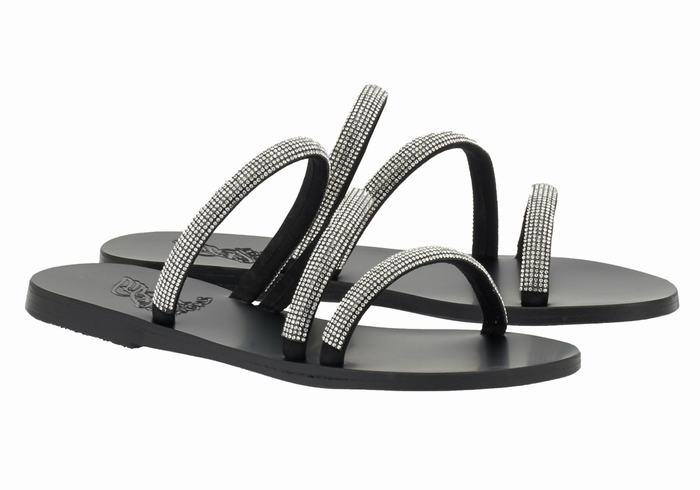 Women Ancient Greek Sandals Polytimi Diamante Slide Sandals Silver Black | JEB9655VF