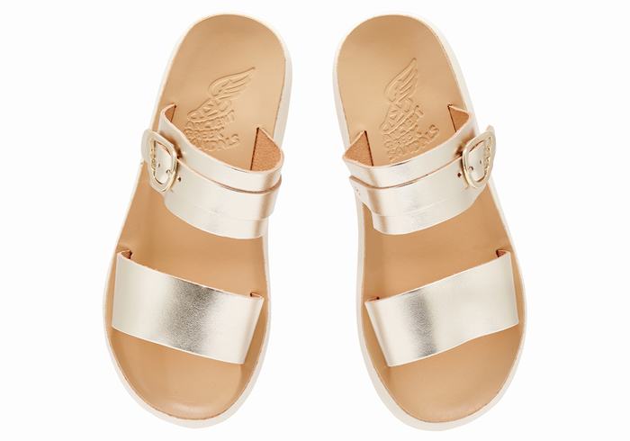 Women Ancient Greek Sandals Preveza Comfort Slide Sandals Gold White | DJQ1982JP