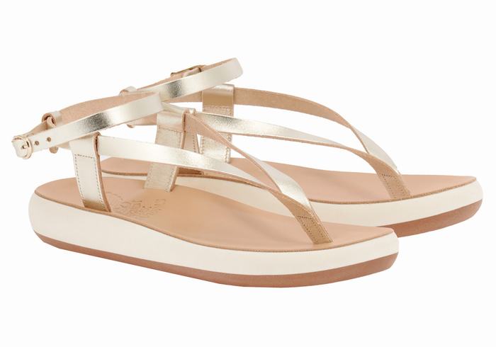 Women Ancient Greek Sandals Salomi Comfort Ankle Strap Sandals Gold White | BOC3826NW