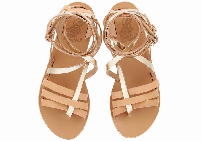 Women Ancient Greek Sandals Satira Leather Gladiator Sandals Beige Gold White | HSG6530FH