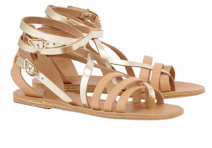 Women Ancient Greek Sandals Satira Leather Gladiator Sandals Beige Gold White | HSG6530FH