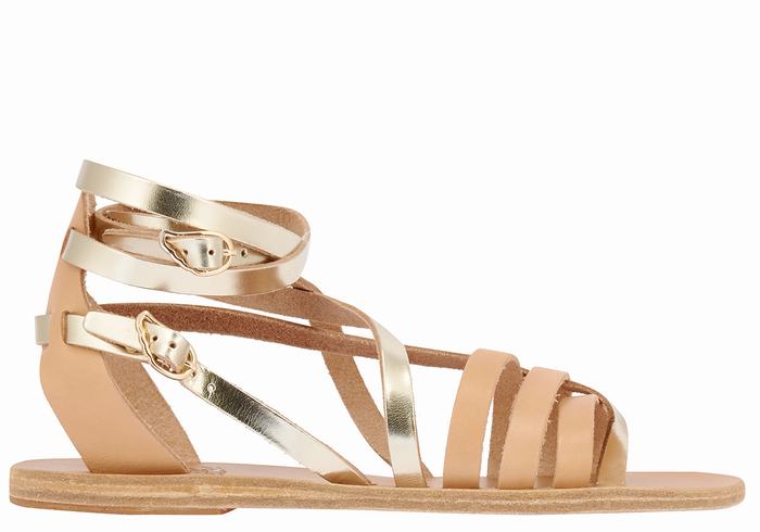 Women Ancient Greek Sandals Satira Leather Gladiator Sandals Beige Gold White | HSG6530FH