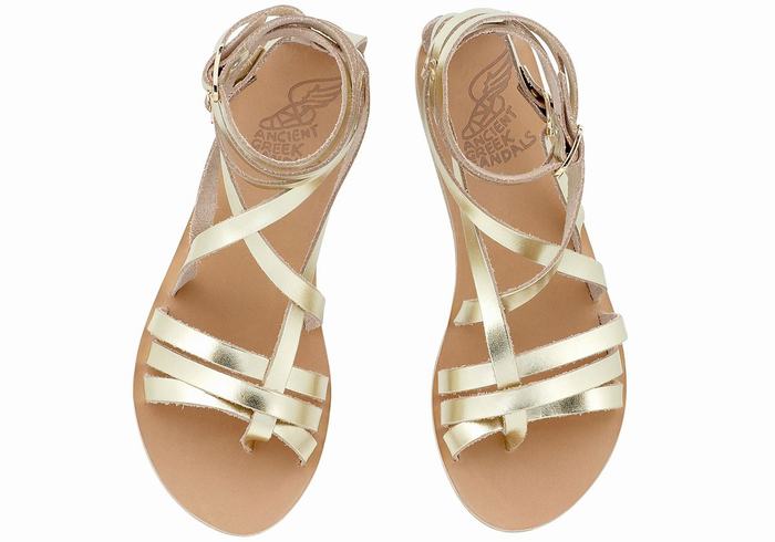 Women Ancient Greek Sandals Satira Leather Gladiator Sandals Gold White | OIA6316NC