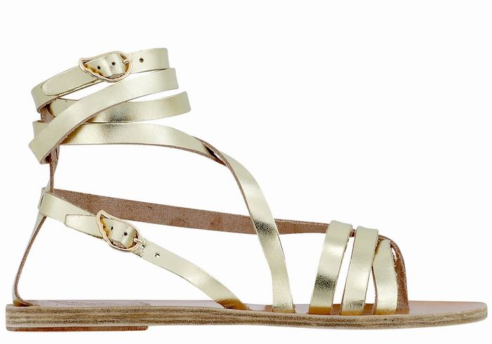 Women Ancient Greek Sandals Satira Leather Gladiator Sandals Gold White | OIA6316NC