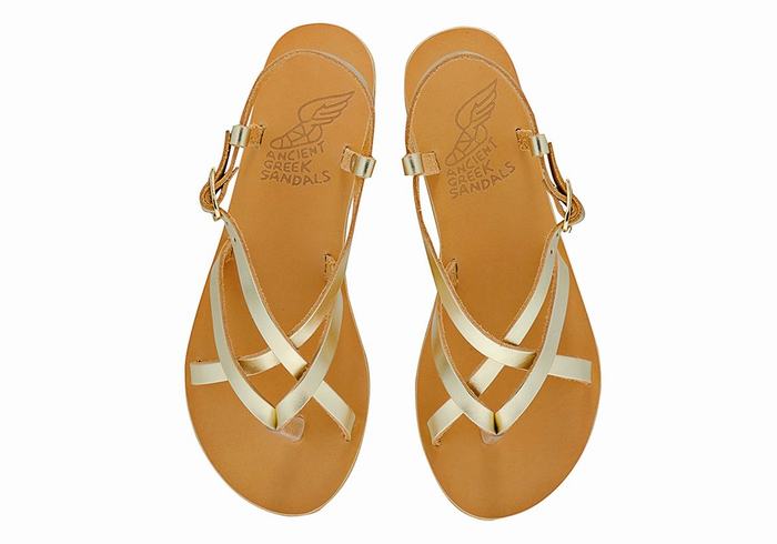 Women Ancient Greek Sandals Semele Leather Back-Strap Sandals Gold White | TKG8775WX