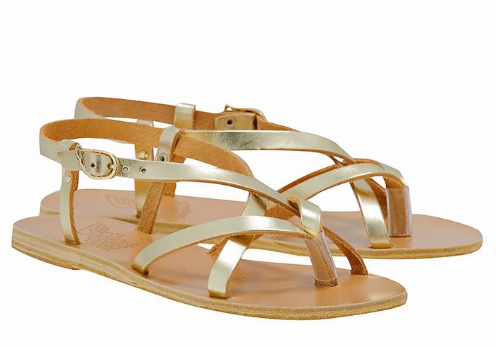 Women Ancient Greek Sandals Semele Leather Back-Strap Sandals Gold White | TKG8775WX