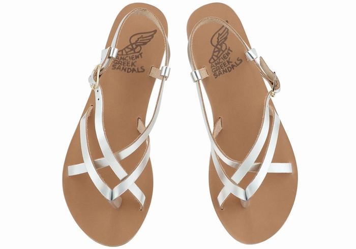 Women Ancient Greek Sandals Semele Leather Back-Strap Sandals Silver | IMO5153LL