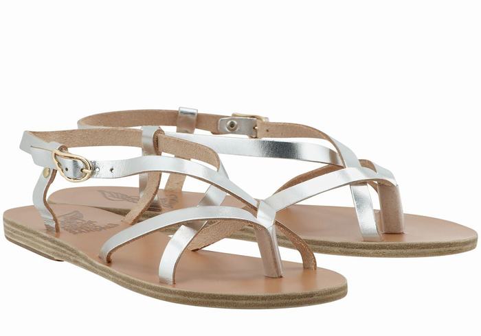 Women Ancient Greek Sandals Semele Leather Back-Strap Sandals Silver | IMO5153LL