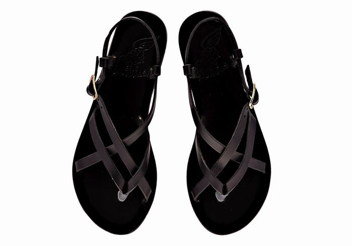 Women Ancient Greek Sandals Semele Leather Back-Strap Sandals Black | VVG1599BE