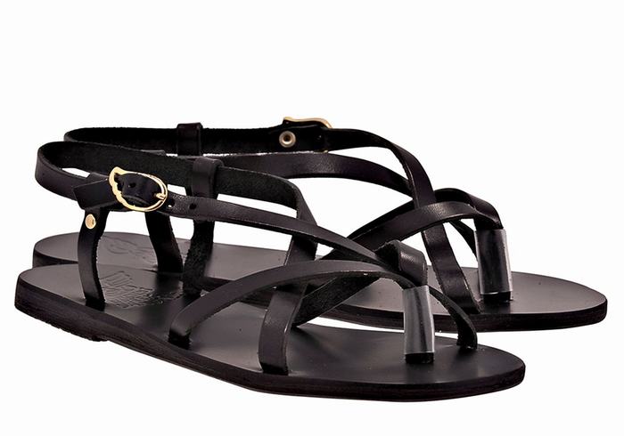 Women Ancient Greek Sandals Semele Leather Back-Strap Sandals Black | VVG1599BE