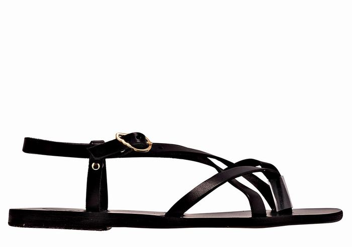 Women Ancient Greek Sandals Semele Leather Back-Strap Sandals Black | VVG1599BE