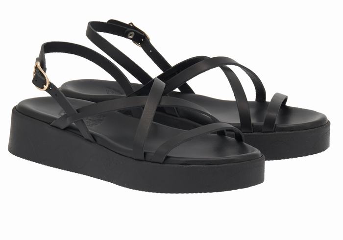 Women Ancient Greek Sandals Silia Leather Platform Sandals Black | ETX2079CJ