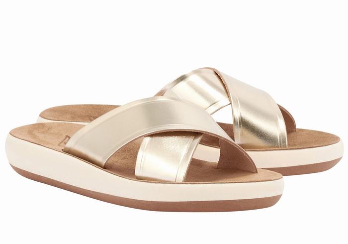 Women Ancient Greek Sandals Thais Comfort Slide Sandals Gold White | CRP8120BB