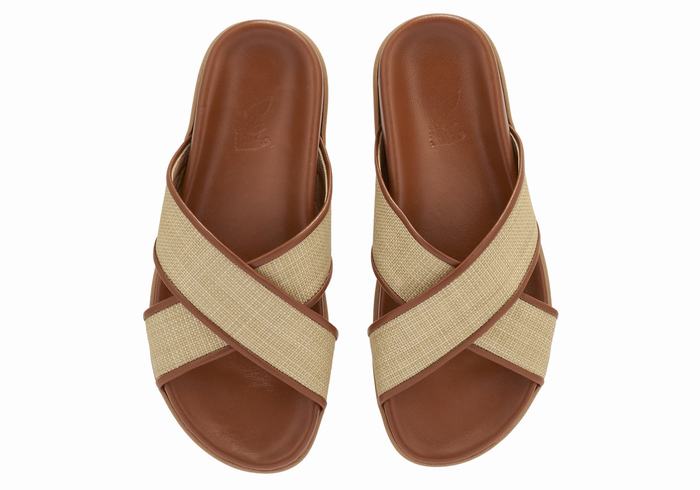 Women Ancient Greek Sandals Thais Footbed Slide Sandals Beige Brown | SJL4455VR