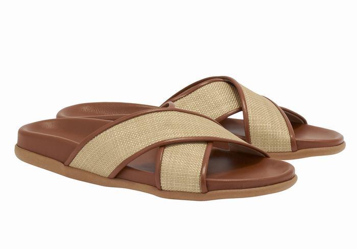 Women Ancient Greek Sandals Thais Footbed Slide Sandals Beige Brown | SJL4455VR