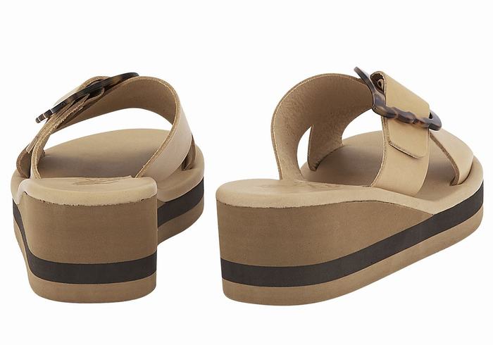 Women Ancient Greek Sandals Thais Rainbow Wedge Sandals Beige Black | VPP2214VO