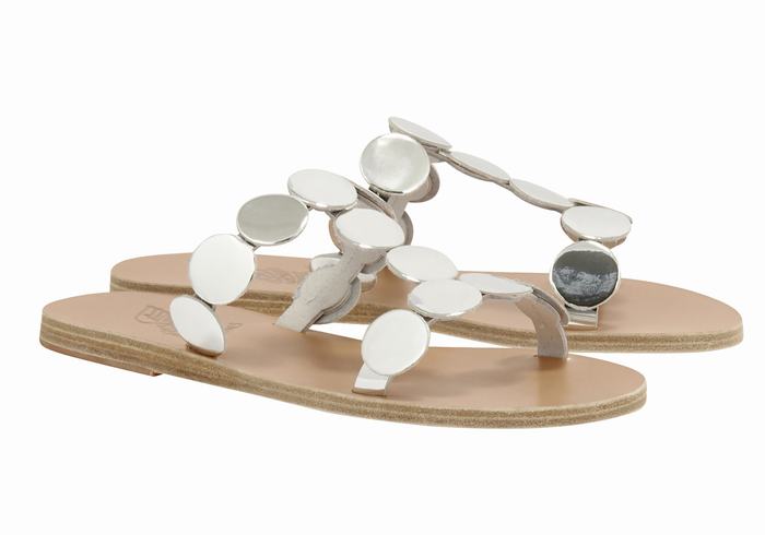 Women Ancient Greek Sandals Uranos Leather Slide Sandals Silver | XTR328ZQ